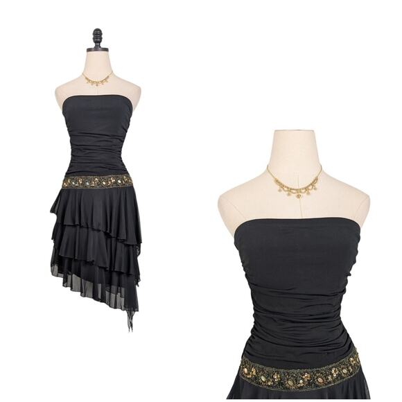 Strapless Y2K Midi Dress M Ruffle Sequin Boho Whimsigoth Fairy Black Hoco - Picture 1 of 12